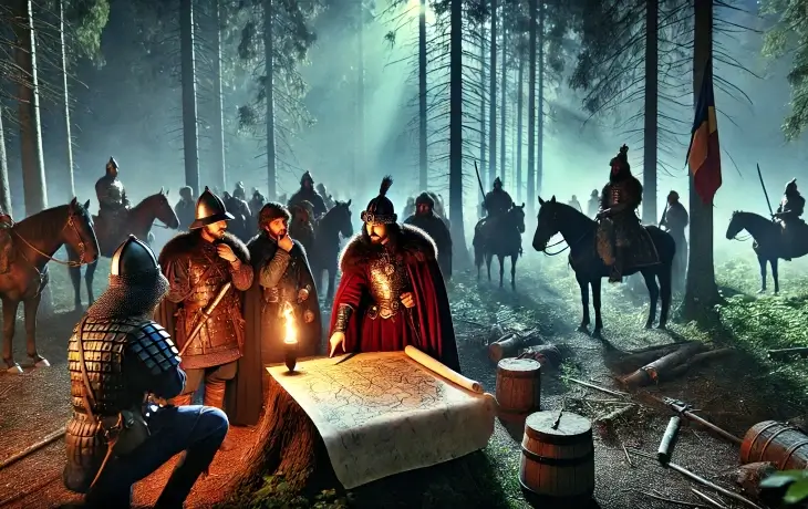 Gece vakti ormanda harita üzerinde savaş planı yapan zırhlı Vlad Tepeş ve askerleri.